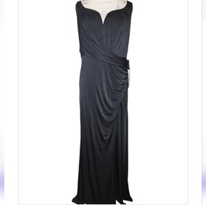 Adrianna Papell Black Knit Plunge Neck Ruched Mermaid Gown Size 14 NWT